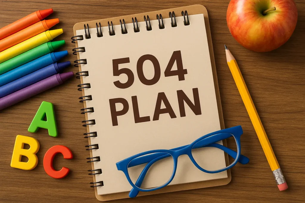 Flat lay of a spiral notebook with “504 Plan” written on the cover, surrounded by school supplies including rainbow crayons, alphabet magnets, a pencil, an apple, and blue eyeglasses. The image represents educational accommodations and support for students with disabilities.