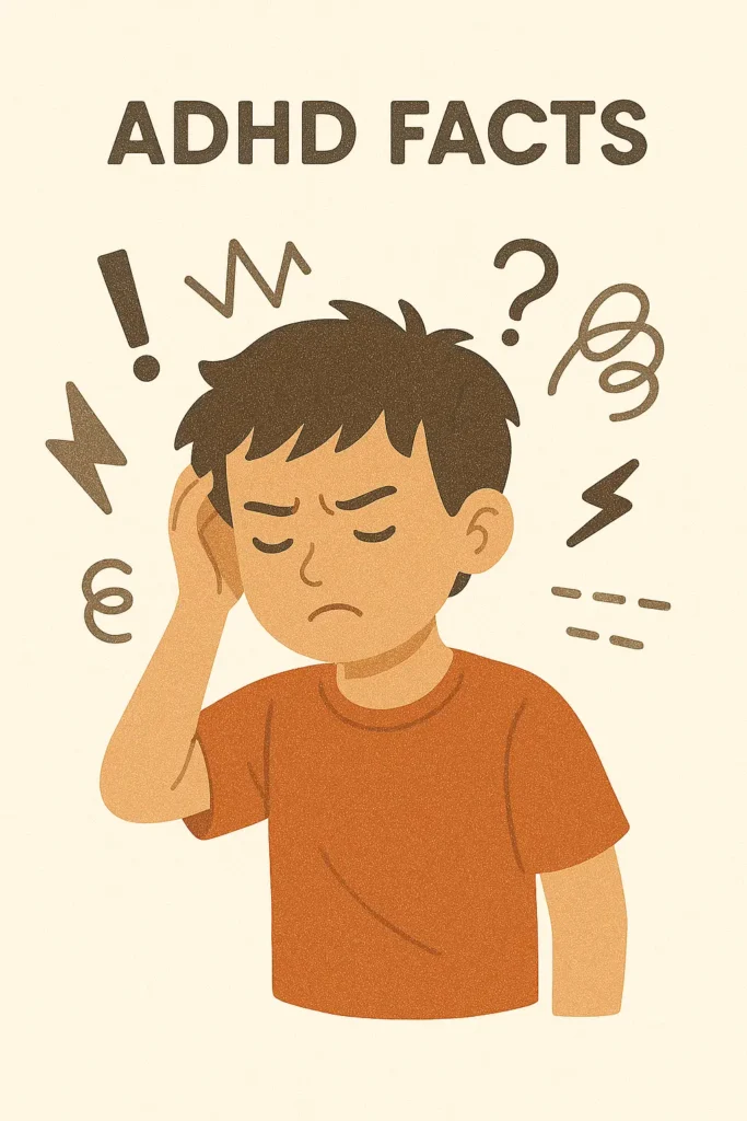 Illustration titled “ADHD Facts” featuring a frustrated child in an orange shirt holding their head. Confusion symbols like exclamation points, question marks, and squiggly lines surround the child, representing mental overload or distraction.