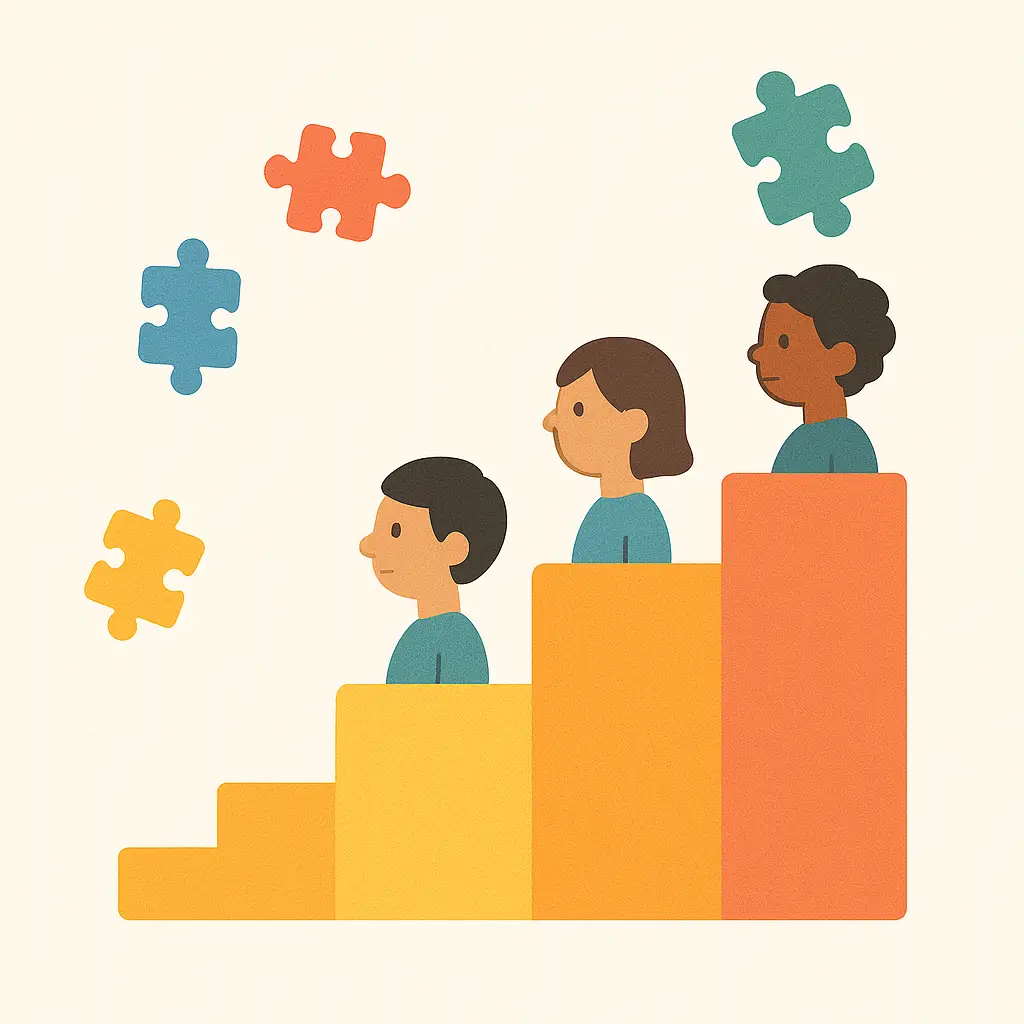 Illustration of three diverse children standing on ascending colored blocks, representing different stages of growth or progress. Colorful puzzle pieces float around them, symbolizing learning, development, or problem-solving.