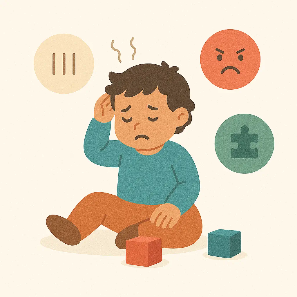 Illustration of a sad child sitting on the floor holding their head, with stress lines above them and surrounded by symbols representing frustration, sensory overload, and autism. The child is near toy blocks, emphasizing a possible struggle with emotional regulation or overstimulation.