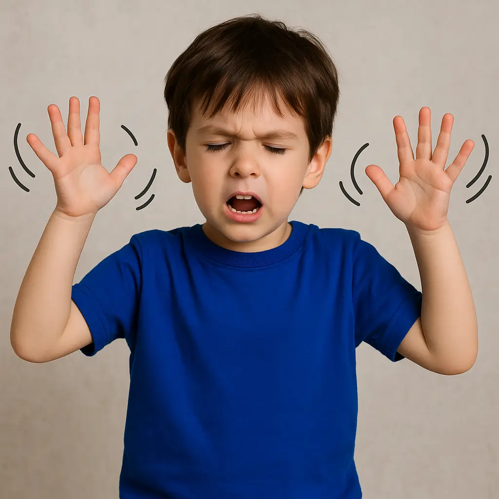 A young boy in a blue shirt with eyes closed and mouth open, holding both hands up near his head with wavy motion lines added, indicating distress or overstimulation. The image suggests a sensory overload or emotional meltdown, often associated with autism or sensory processing challenges.