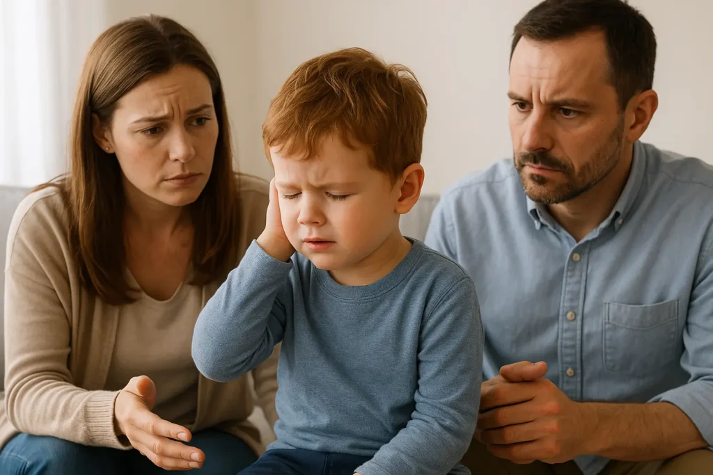A young boy with red hair sits between two concerned adults, holding his hand to his ear with his eyes closed in discomfort, possibly indicating sensory sensitivity common in level 3 ASD. The woman on the left reaches toward him with a worried expression while the man on the right watches closely, both appearing anxious about his distress.