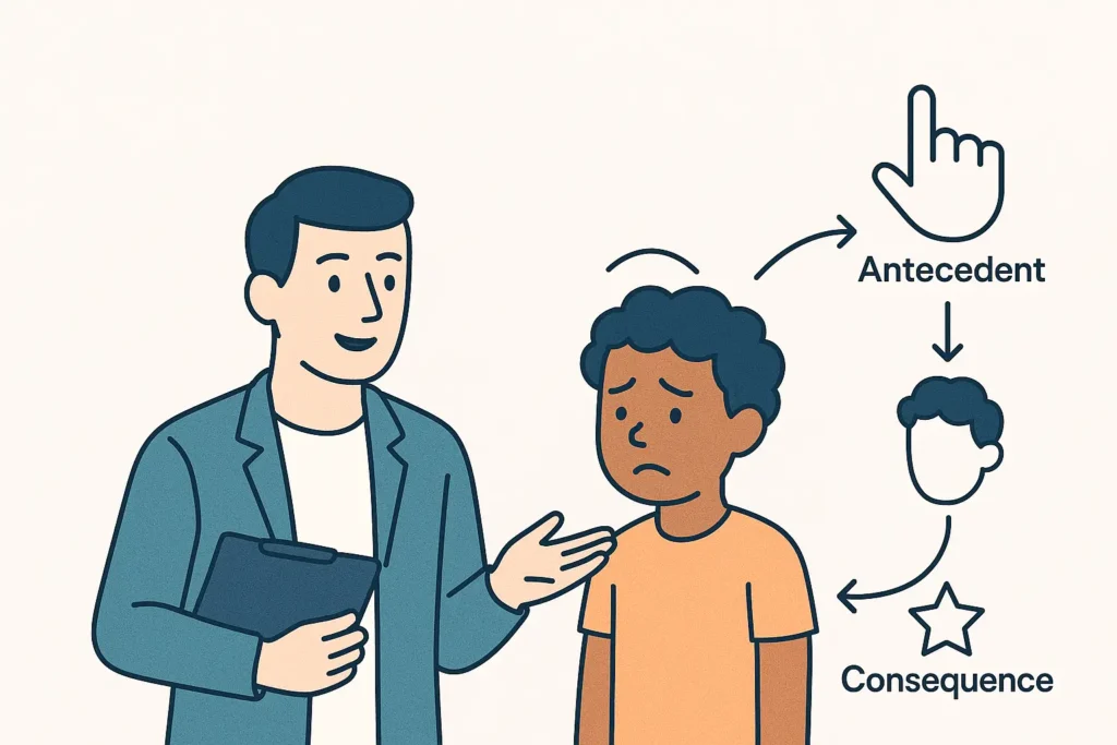 Illustration of a therapist talking to a concerned child, with arrows showing the ABC model of behavior: Antecedent (a pointing hand icon), Behavior (the child looking upset), and Consequence (a star icon), representing the Functional Behavior Assessment process in ABA therapy