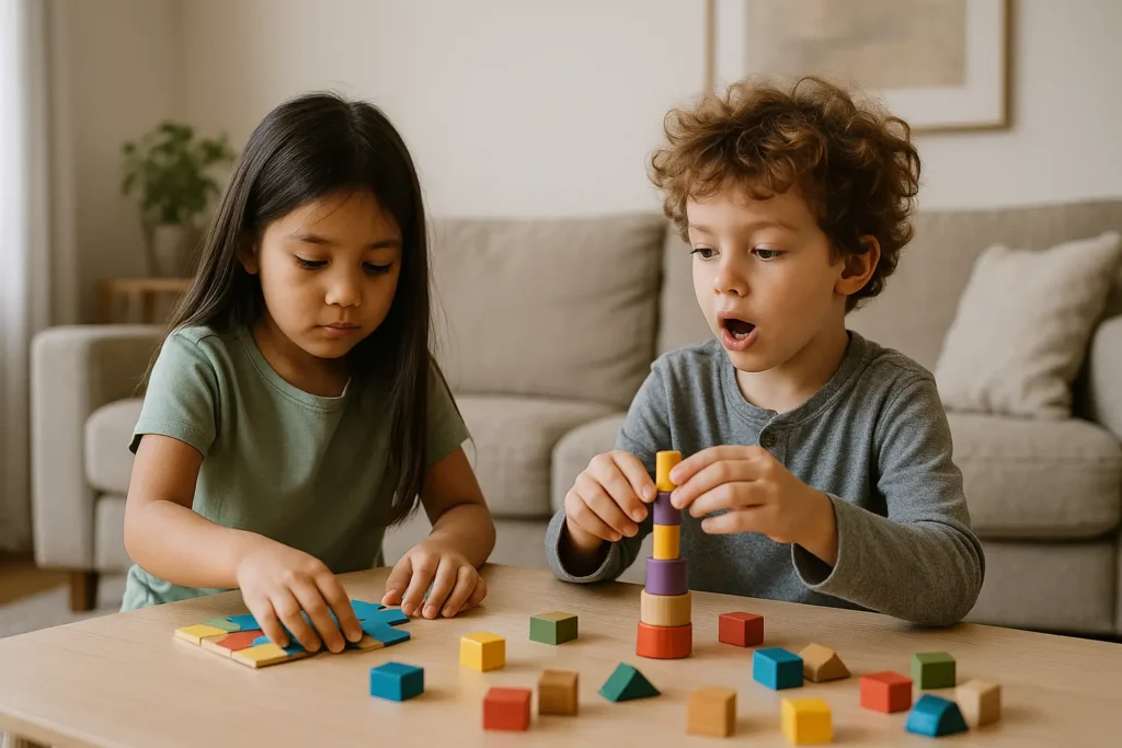 Two young children sit at a wooden table in a living room, playing quietly with colorful wooden blocks and puzzles. A beige sofa and indoor plant are visible in the background.