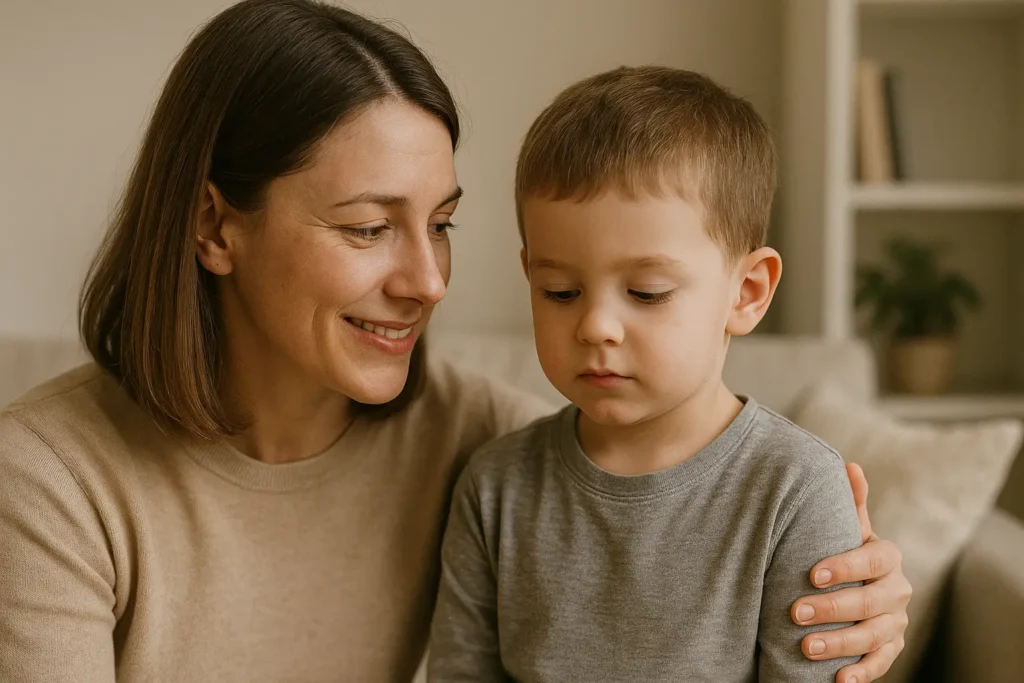 A mother sits beside her young son in a softly lit living room, gently placing her arm around his shoulders. The child looks down with a thoughtful expression while the mother smiles reassuringly.