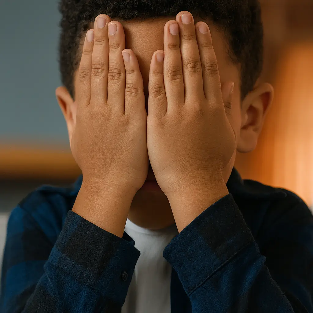 A young boy covers his face with both hands during an autistic meltdown, showing signs of overwhelm in a quiet indoor setting.