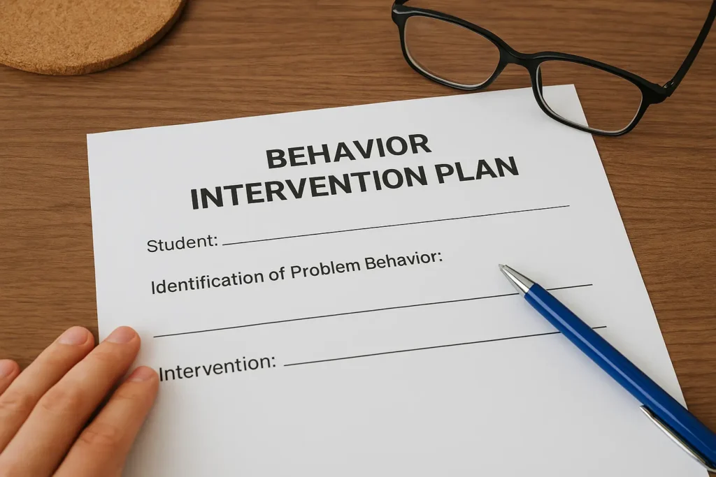 A close-up image of a blank "Behavior Intervention Plan" form on a wooden desk, with sections for student name, problem behavior identification, and intervention. A hand rests on the paper, while a blue pen and a pair of black eyeglasses are placed nearby.
