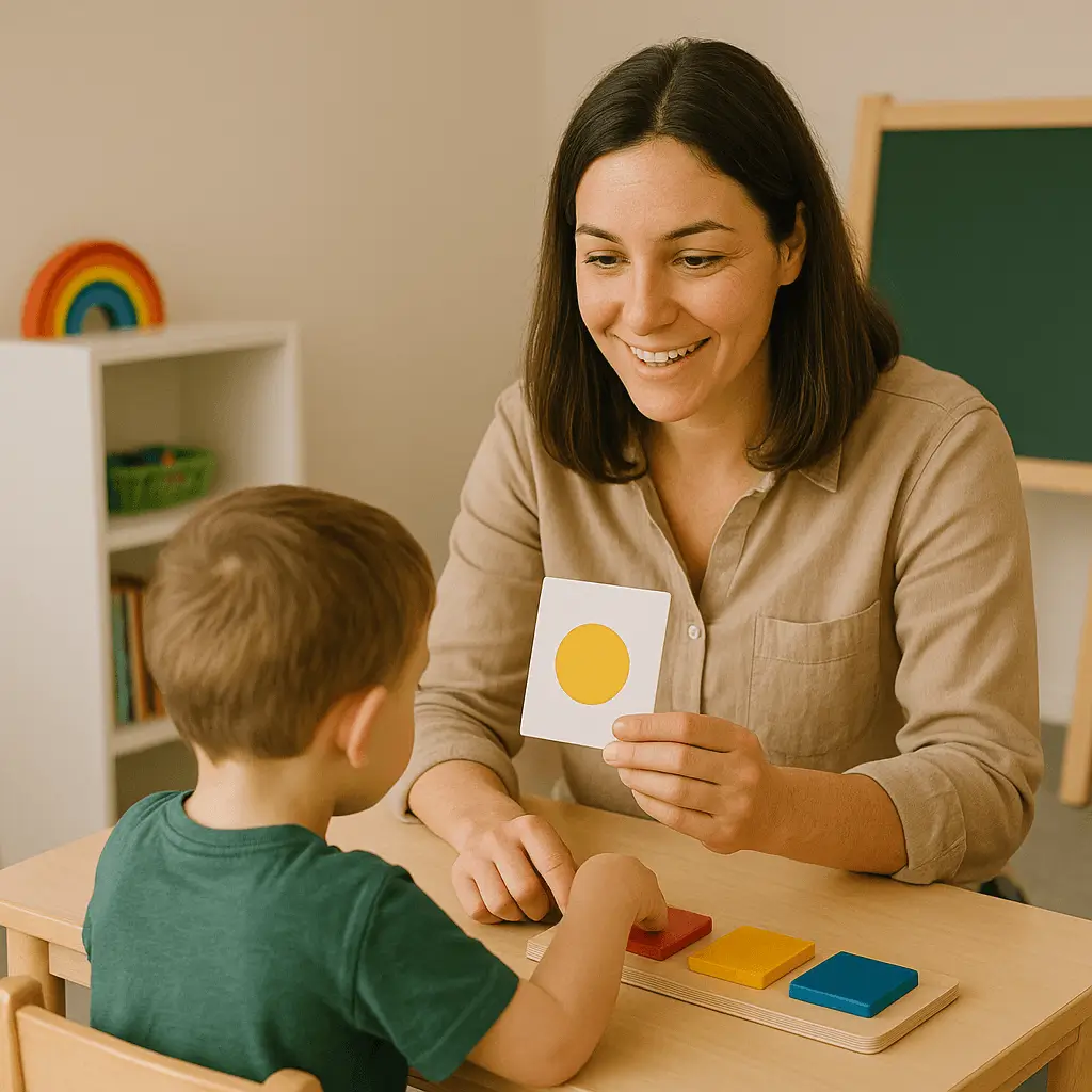 Therapist guiding a young child during a Discrete Trial Training session, using colorful shapes and flashcards at a small table in a classroom setting