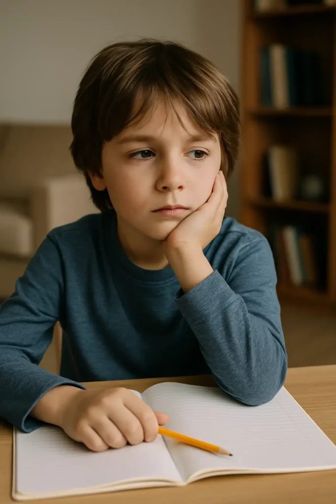 A young boy with a thoughtful expression rests his chin on his hand while holding a pencil over an open notebook, illustrating signs of inattentive ADHD such as daydreaming and difficulty focusing on schoolwork.